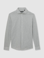 Cotton-Blend Jersey Cutaway-Collar Shirt in Grey Melange