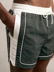 Colour-Block Piped-Trim Swim Shorts in Dark Green/White