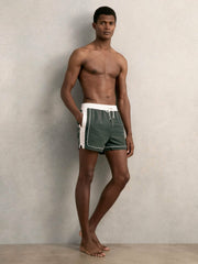 Colour-Block Piped-Trim Swim Shorts in Dark Green/White