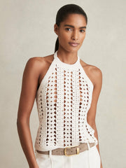Cotton Crochet Halterneck Vest Top in White