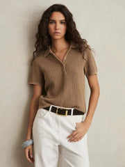 Cotton-Blend Open-Knit Polo Shirt in Tan