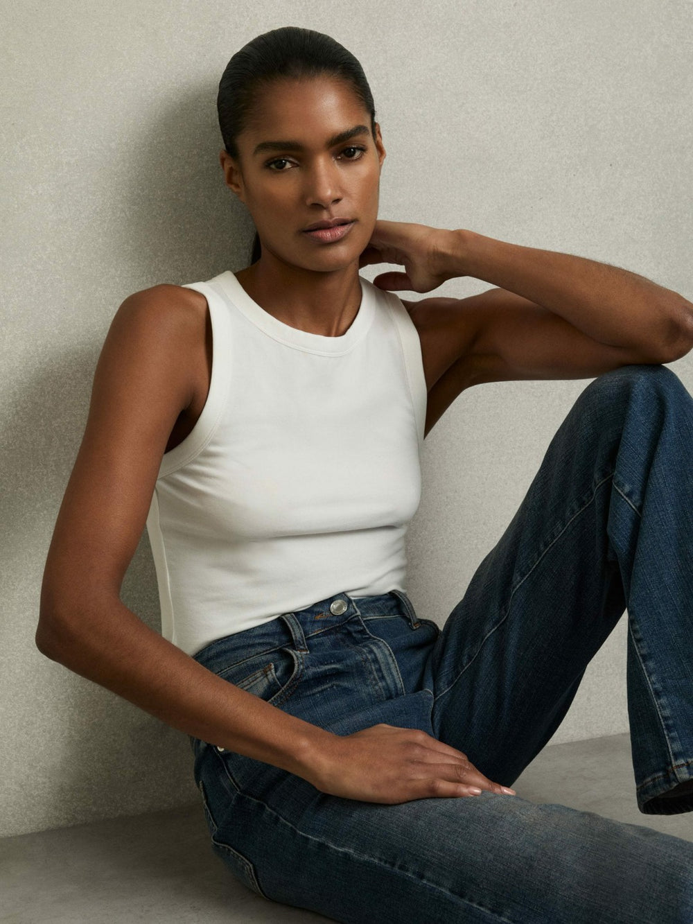 Stretch-Cotton Racerback Vest in White