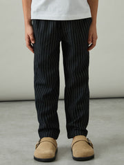 Linen-Blend Drawstring Trousers in Navy Stripe