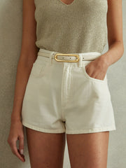 Thin Leather Elongated Buckle Belt in Off White
