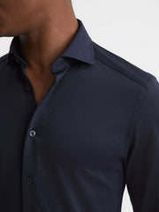 Cotton-Blend Jersey Cutaway-Collar Shirt in Navy