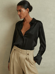 Petite Silk Double-Cuff Button-Through Shirt in Black