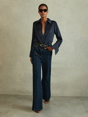 Silk Double-Cuff Button-Through Shirt in Navy