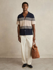 Stripe Textured-Knit Cuban-Collar Shirt in Navy/Stone