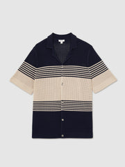 Stripe Textured-Knit Cuban-Collar Shirt in Navy/Stone