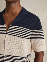 Stripe Textured-Knit Cuban-Collar Shirt in Navy/Stone