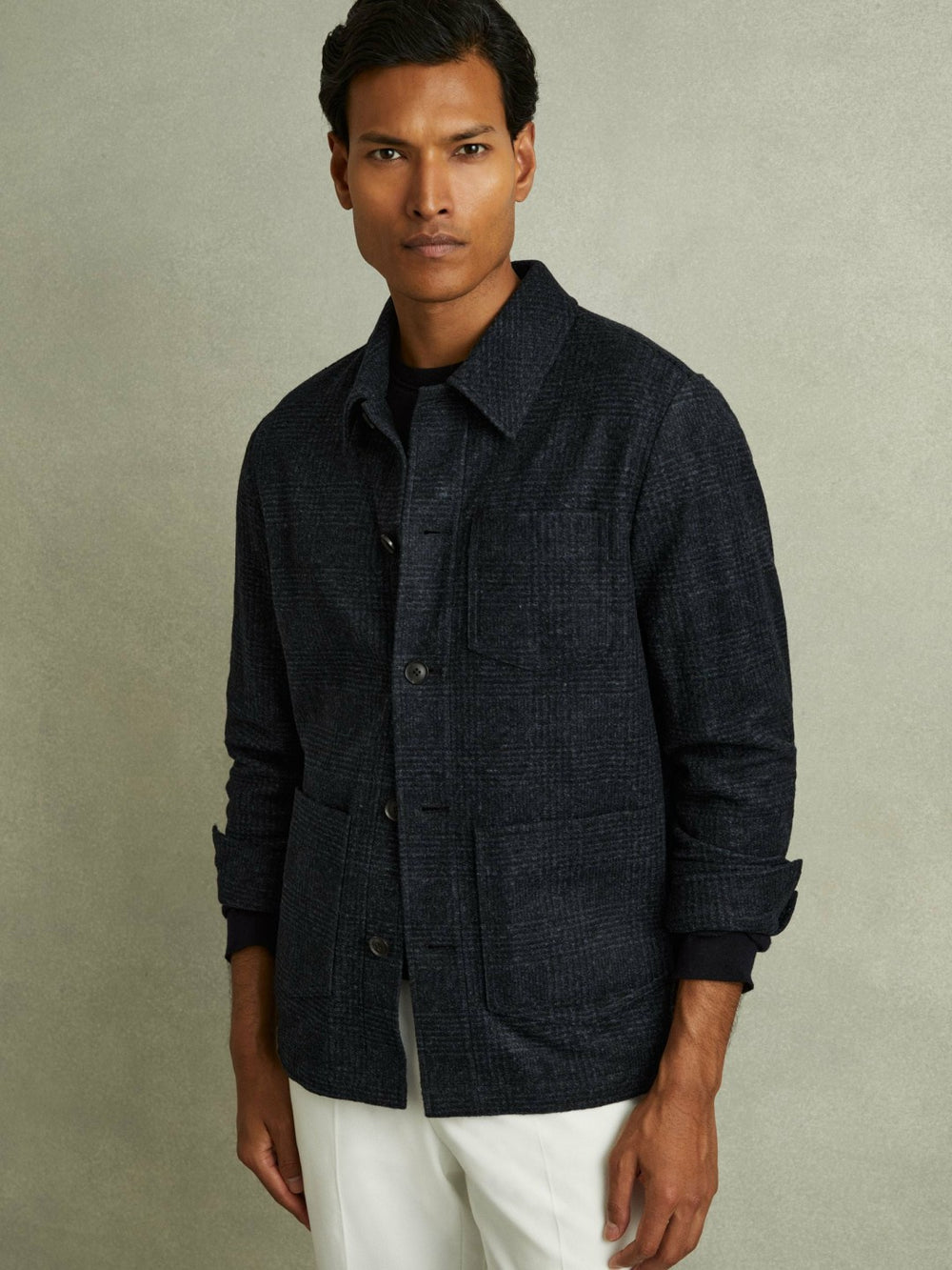 Checked Button Through Worker Jacket in Navy Melange