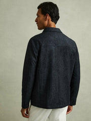 Checked Button Through Worker Jacket in Navy Melange