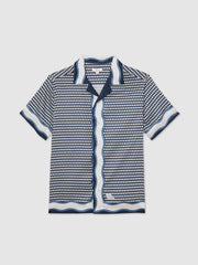 Geometric-Print Cuban-Collar Shirt in White/Navy