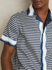 Geometric-Print Cuban-Collar Shirt in White/Navy