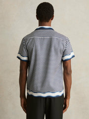 Geometric-Print Cuban-Collar Shirt in White/Navy