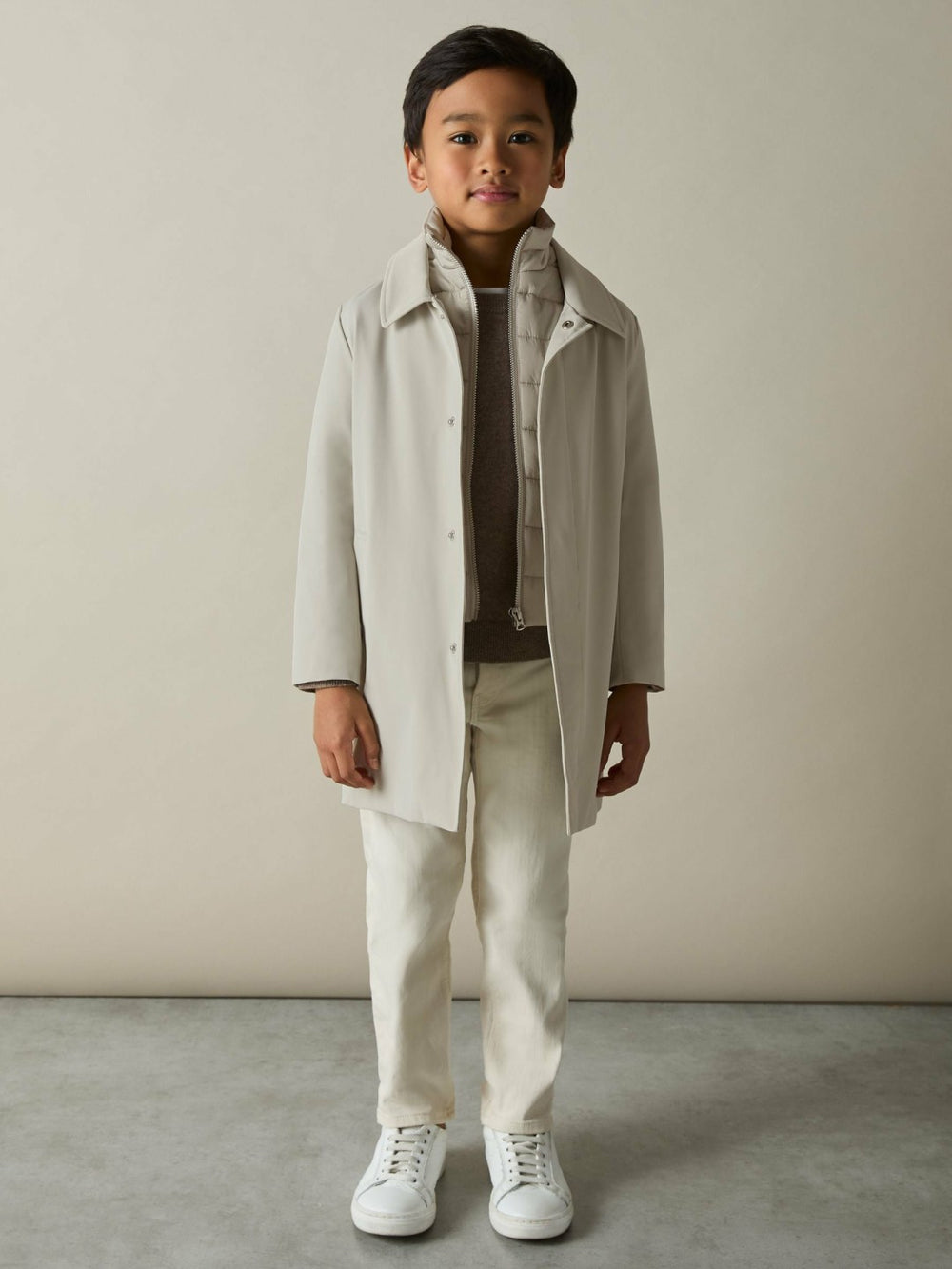 9-13 yrs Gabardine Coat with Removable Gilet in Stone