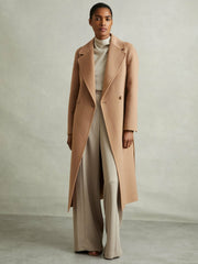 Petite Wool Blend Double Breasted Blindseam Coat in Light Camel