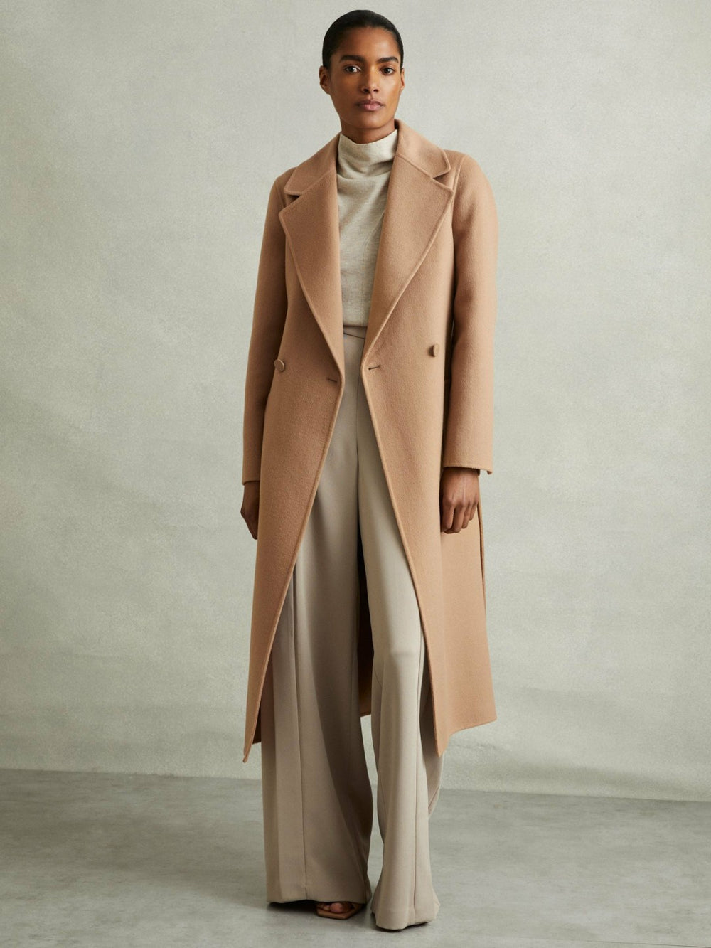 Wool Blend Double Breasted Blindseam Coat in Light Camel