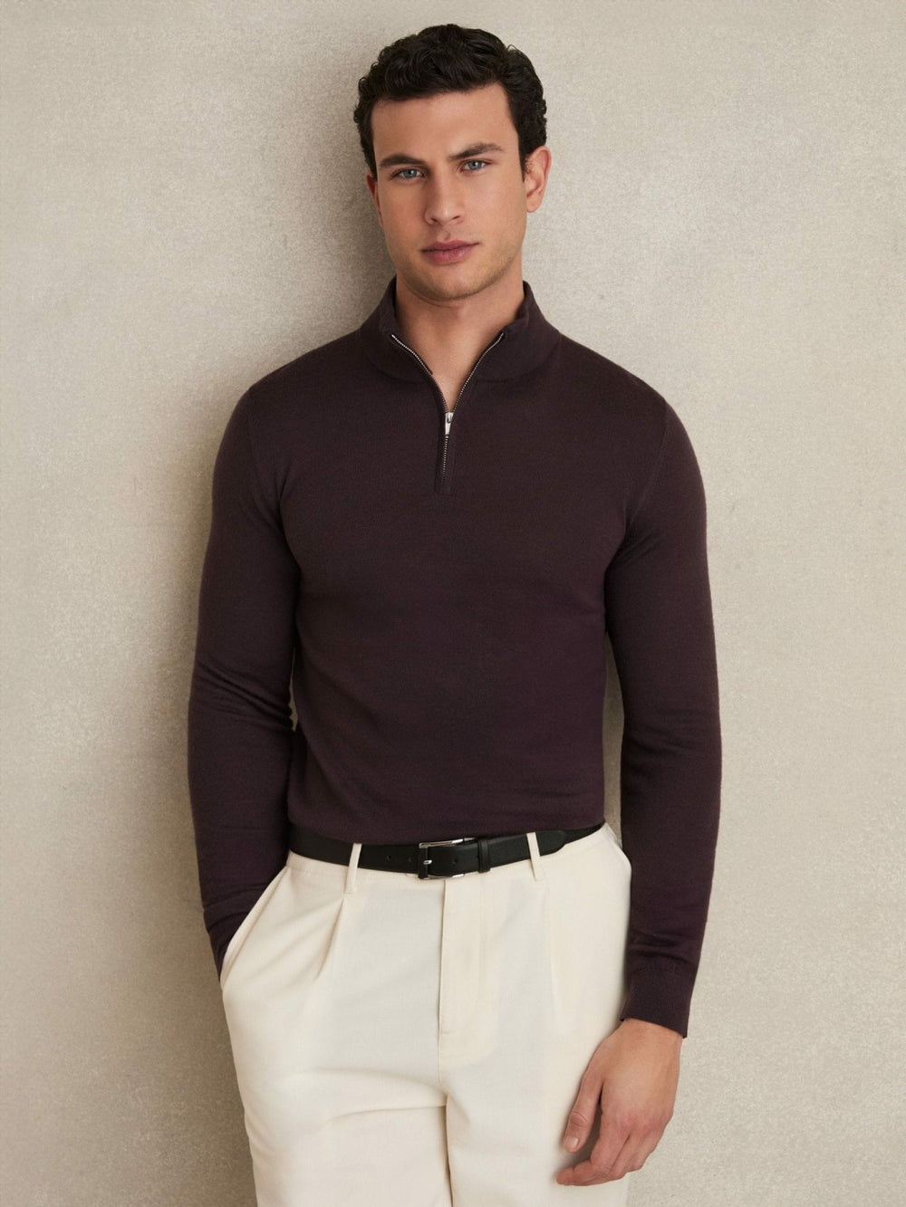 Merino Wool Half-Zip Jumper in Dark Bordeaux