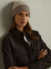 Wool Blend Tipped Beanie in Taupe