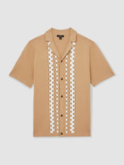 Geometric Cuban-Collar Knit Shirt in Camel/Off White