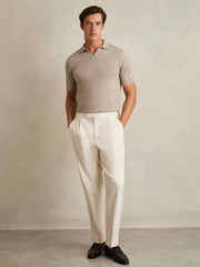 Merino Wool Open Collar Polo Shirt in Wheat Melange