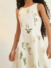 4-9 yrs | NYBG Linen Floral Flared Dress in Ivory