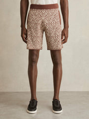 Tile Pattern Knit Shorts in Brown/White