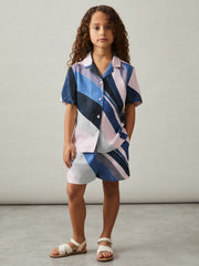 9-13 yrs Printed Cuban Collar Shirt in Blue Print