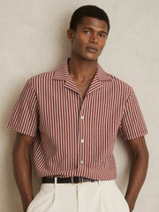Textured-Stripe Cuban-Collar Shirt in Rust Red/White