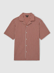 Textured-Stripe Cuban-Collar Shirt in Rust Red/White