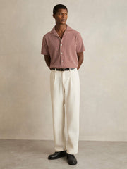 Textured-Stripe Cuban-Collar Shirt in Rust Red/White