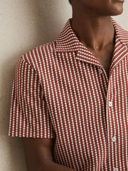 Textured-Stripe Cuban-Collar Shirt in Rust Red/White