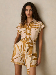 Palm Print Belted Playsuit in Neutral