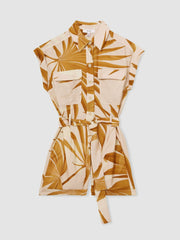 Palm Print Belted Playsuit in Neutral