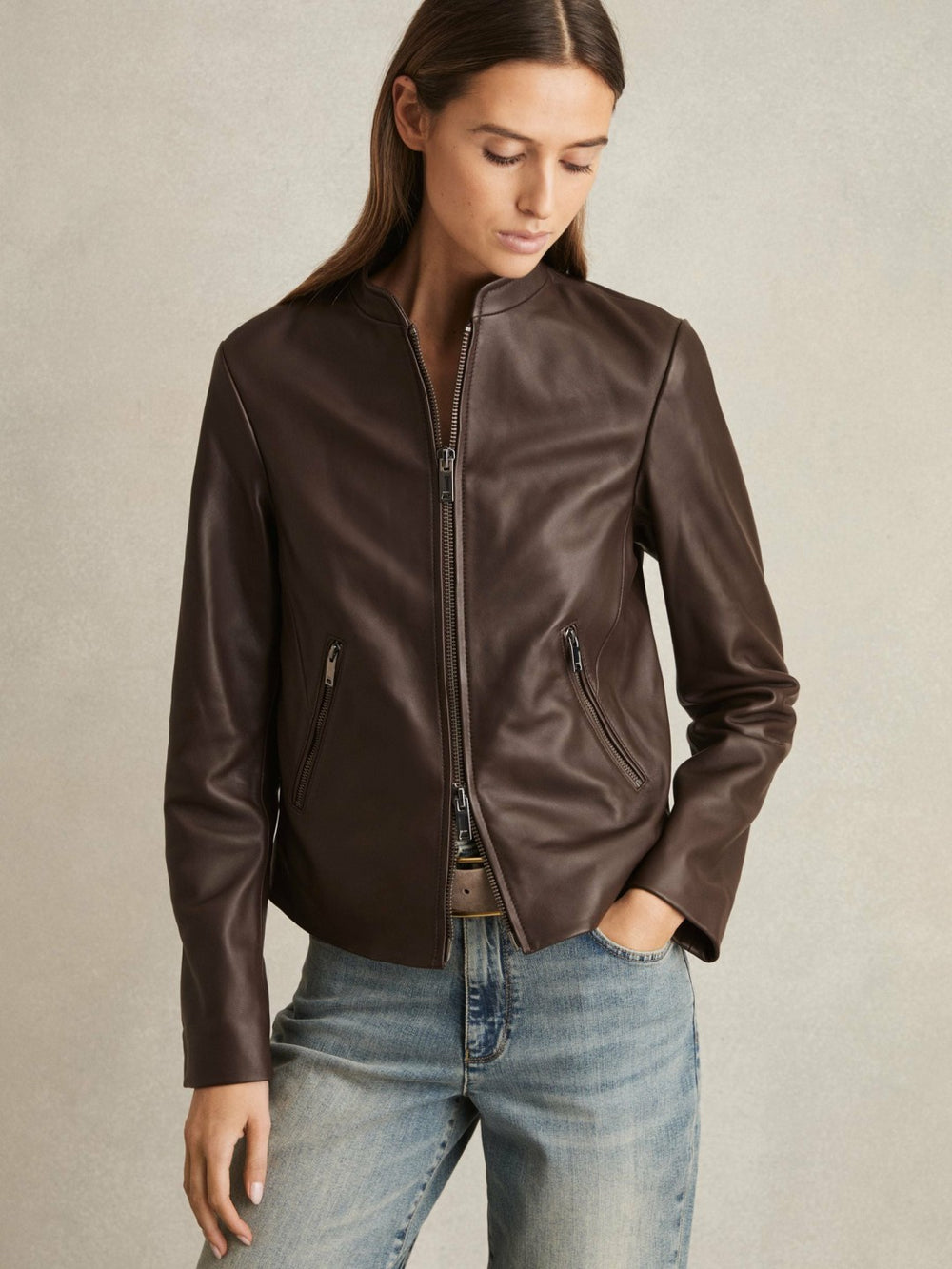Leather Collarless Biker Jacket in Chocolate Brown