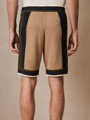 | Ché Crochet Colour-Block Shorts in Camel/Green