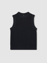Cotton-Blend Crochet Vest in Navy