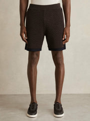Cotton-Blend Crochet Shorts in Chocolate/Navy