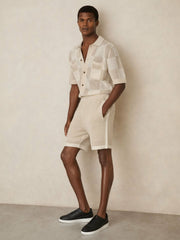 Cotton-Blend Crochet Shorts in Taupe/Off White