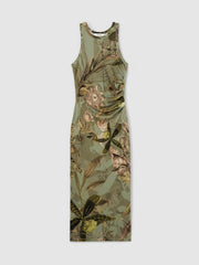 | NYBG Floral Ruched Jersey Dress in Khaki
