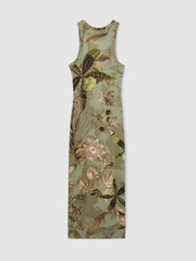| NYBG Floral Ruched Jersey Dress in Khaki
