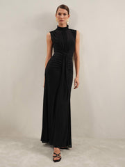 Sheer Ruched Maxi Dress in Black