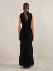 Sheer Ruched Maxi Dress in Black