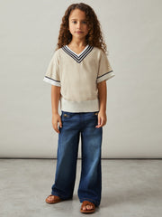4-9 yrs Cotton-Linen Knit V-Neck Cricket Top in Neutral