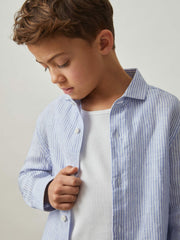 13-14 yrs Linen Cutaway Collar Shirt in Blue/White Stripe