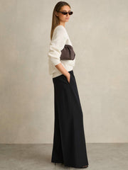 Petite Wide-Leg Elasticated-Waist Trousers in Navy