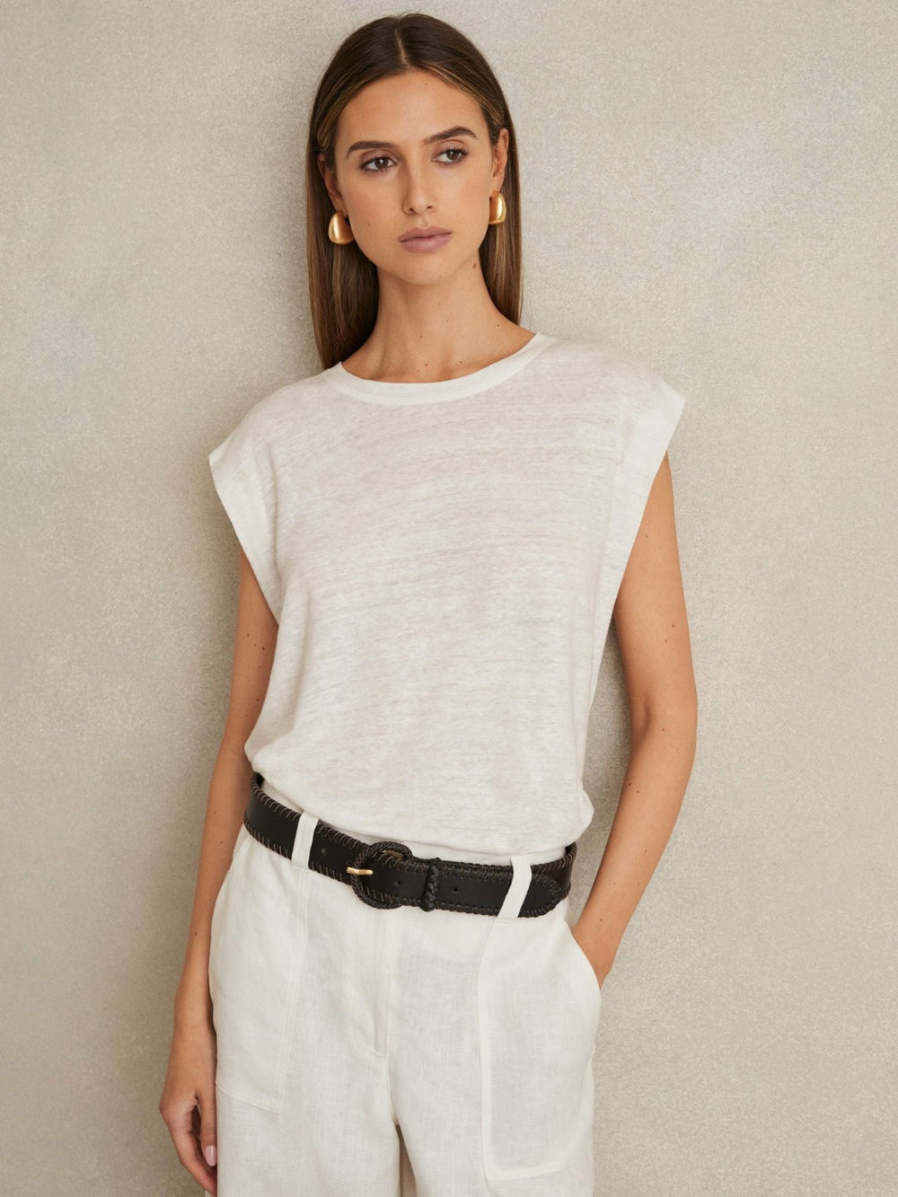 Linen Cap-Sleeve T-Shirt in White