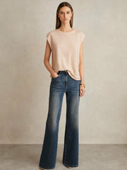 Linen Cap-Sleeve T-Shirt in Peach