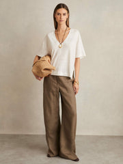 Linen V-Neck T-Shirt in White